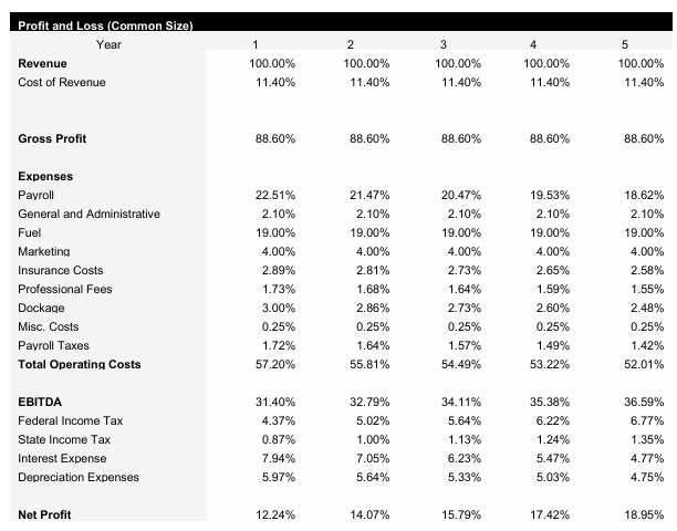 Yacht Charter Common Size Income Statement