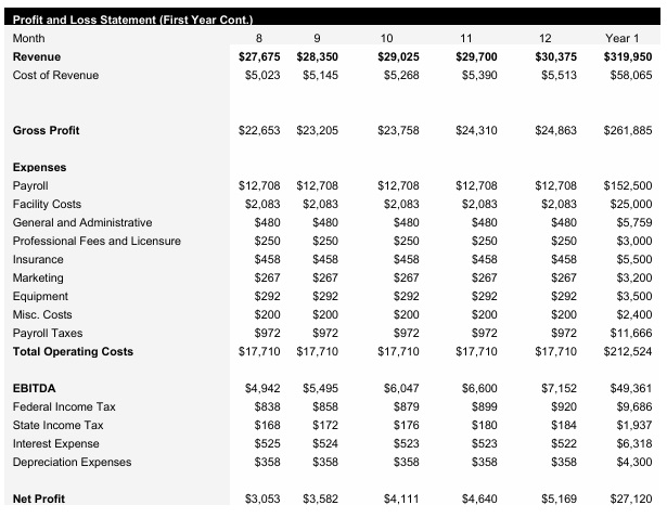 Brazilian jiu-jitsu Gym - Monthly Income Statement Continued